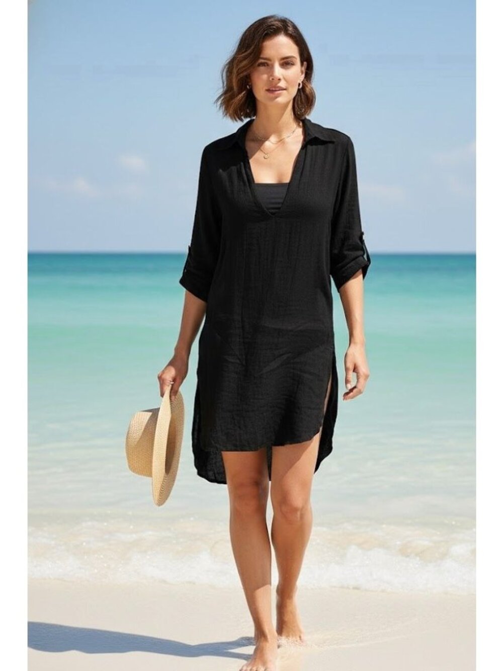 Black O'rageous Swim Coverup Dress V-Neck Collared 3/4 Sleeve Small Rayon
